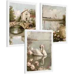 POSTER 3er Bilder-Set Wandbilder Ölmalerei modern Wohnzimmer Deko, Schlafzimmer, Küche, Badezimmer Weißer Rahmen A3