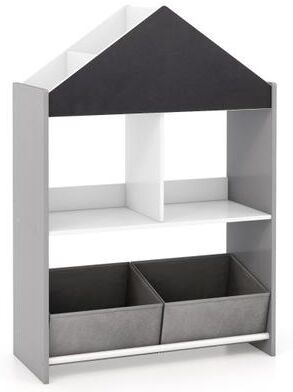 Costway Playhouse Kids Bookshelf with Chalkboard and Whiteboard for 3-6 Years-Gray
