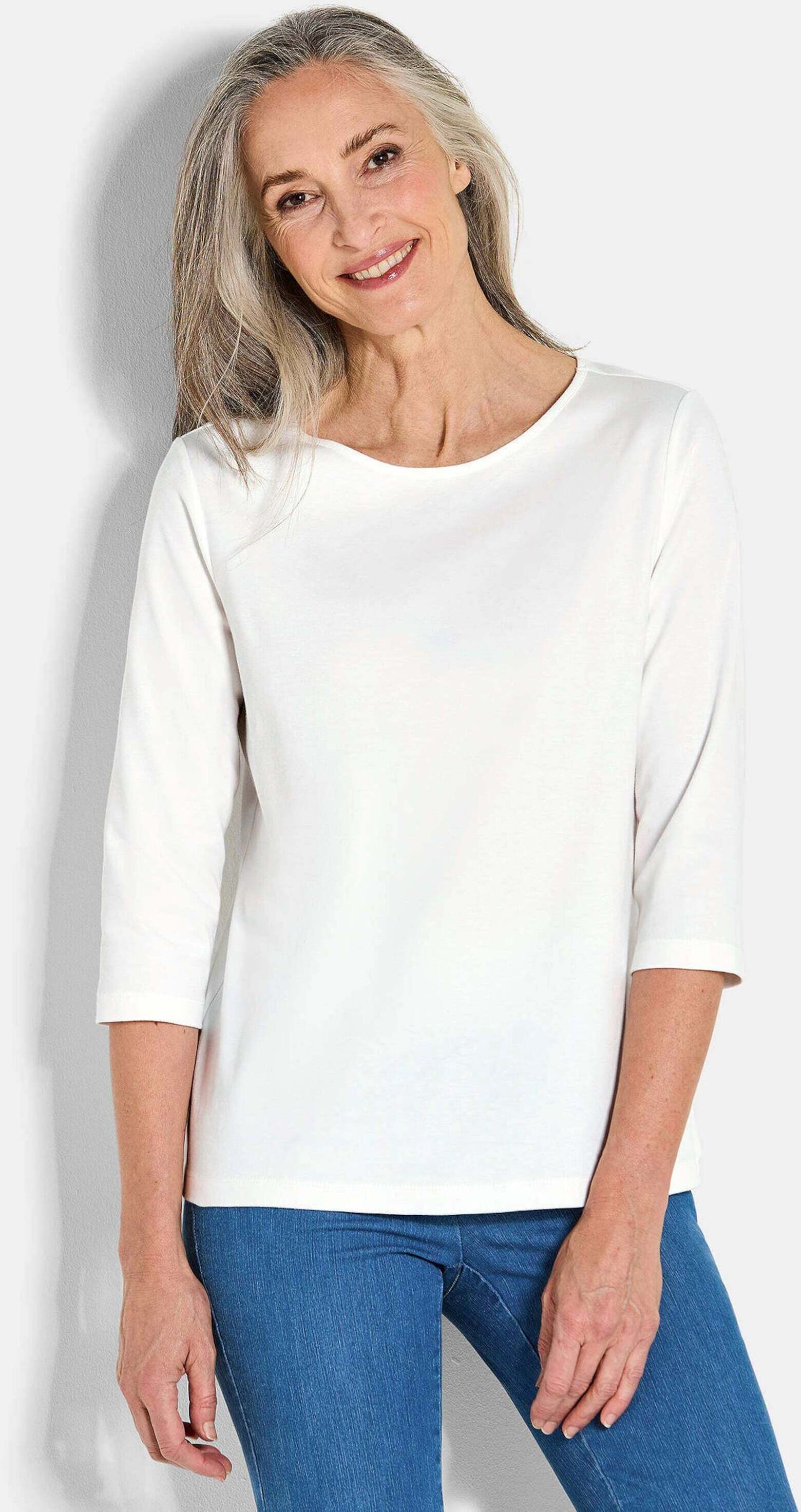 Kurzarmshirt GOLDNER "Basic Shirt mit U-Boot-Ausschnitt", Damen, Gr. 46, weiß (cremeweiß), Obermaterial: 100% Baumwolle CO., Modisch, U-Boot-Ausschnitt, Shirts Kurzarmshirt, U-Boot-Ausschnitt