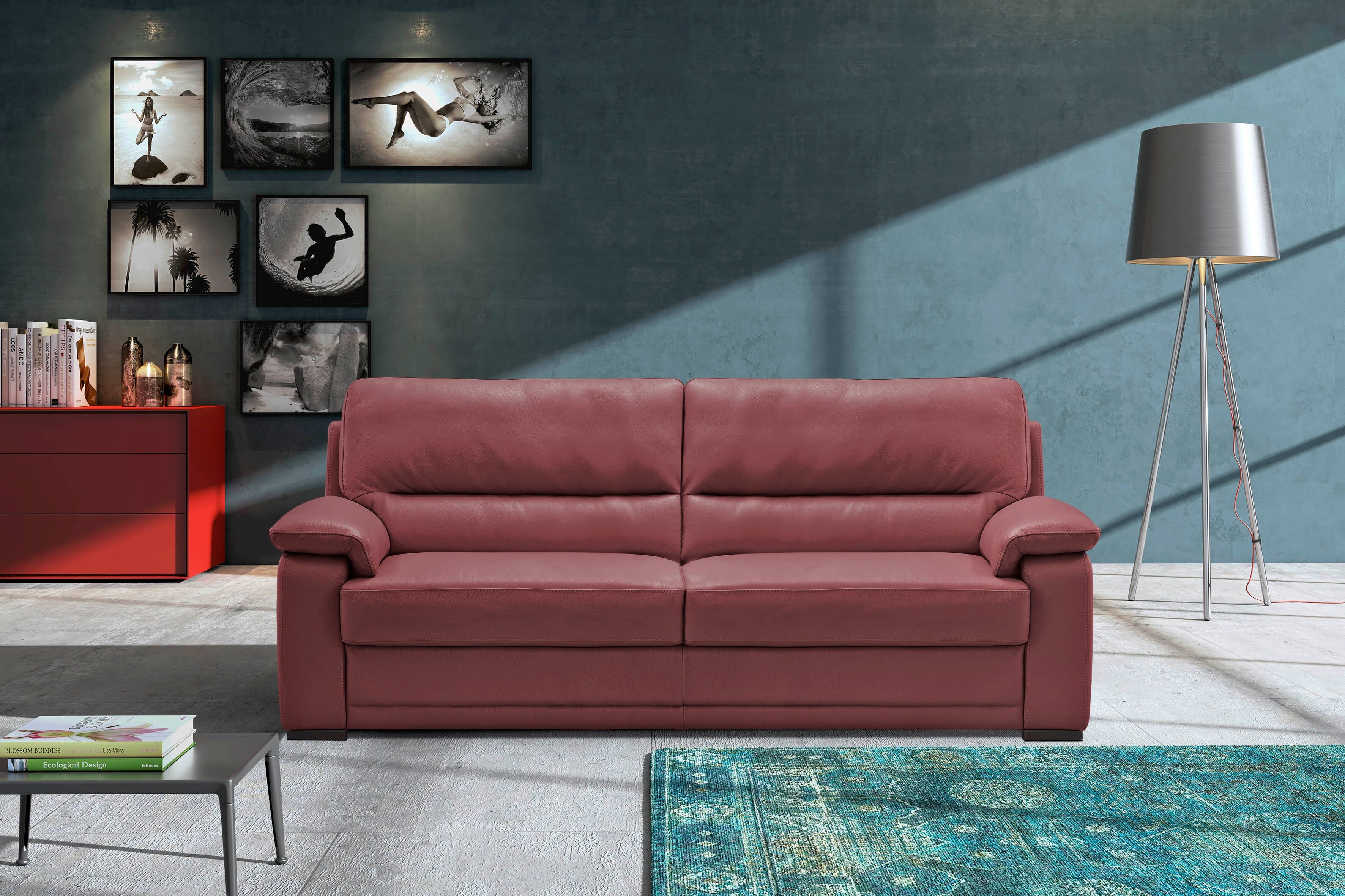 2,5-Sitzer EGOITALIANO "Doris, modernes Designersofa, Ledersofa mit erstklassiger Sitzqualität", rot (burgundy), B:192cm H:90cm T:93cm, Leder »BULL« (echtes Rindsleder). Geschliffenes, pigmentiertes und behandeltes Rindsleder mit einer Dicke von 1, 3-1, 5
