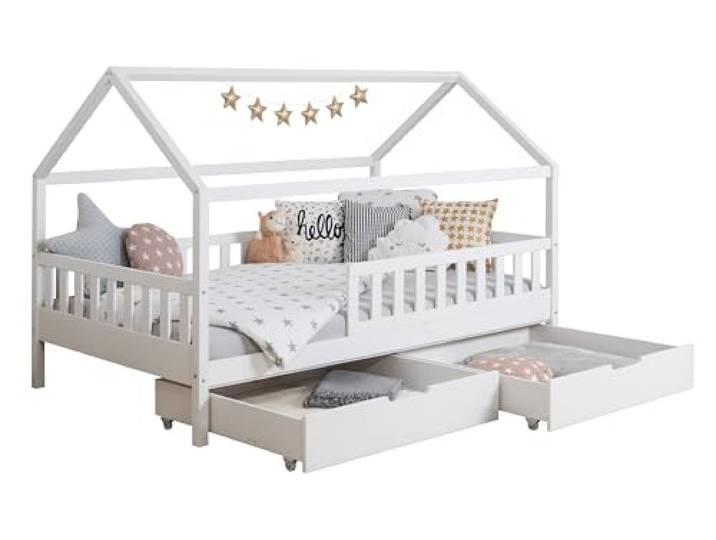 TiCAA Kinderbett Bodenbett Hausbett Kay Kiefer inkl. Schubkästen