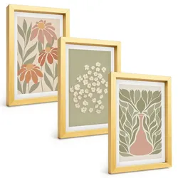 BILDER SET 3er Set - 20x30 cm Goldrahmen - Florale Boho-Muster
