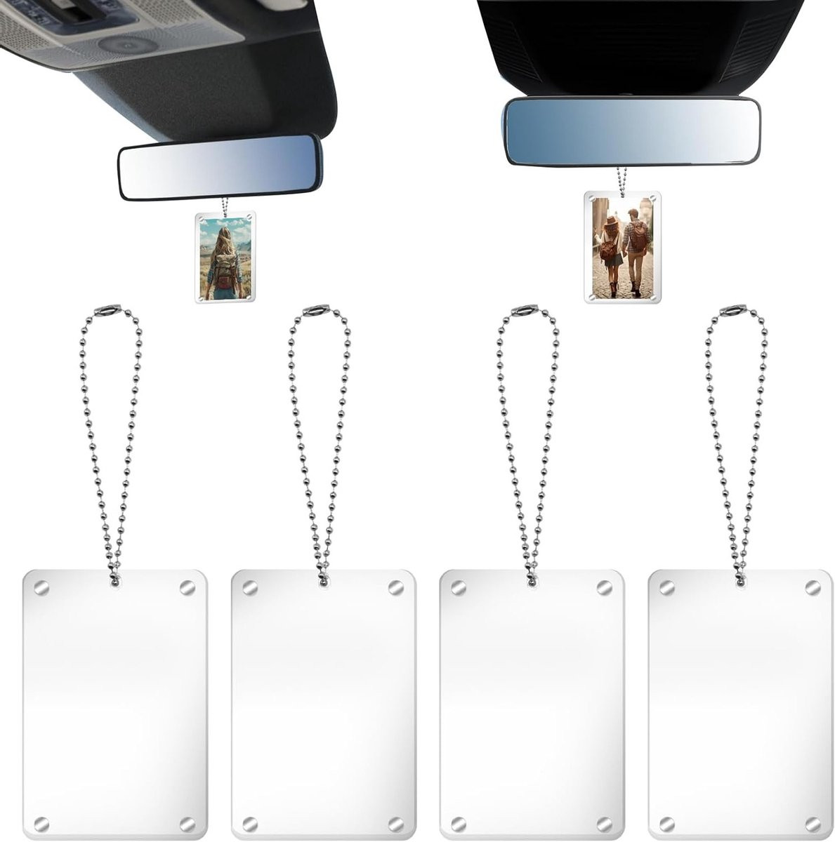 Set van 4 universele magnetische auto hangende fotohouders met ketting voor decoratie en achteruitkijkspiegel