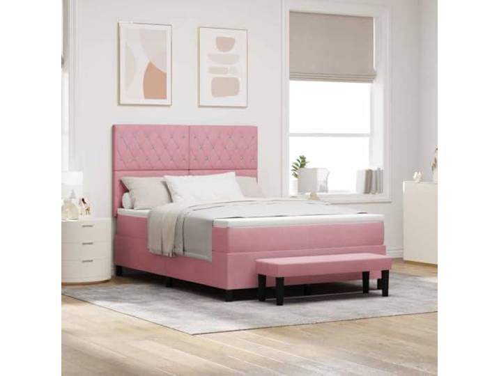 Boxspringbett mit Kopfteil aus Samt, Rosa, 200 x 140 cm Kopfteil aus Samt, Holzstruktur, mittelfeste Schaumstoffmatratze, modernes Design, einfach