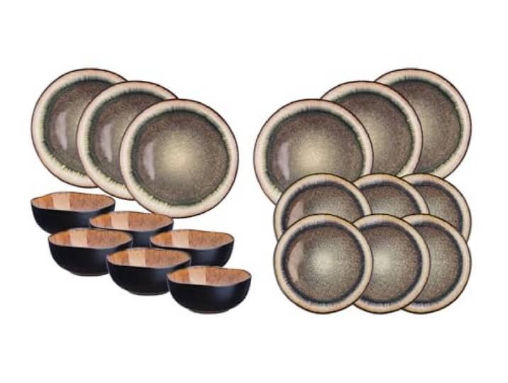 BJORN SR-LEIRM26 IRIS Geschirrset Essentials Wild Brown, Steinzeug mit reaktiver Glasur, 18-teilig, Beige-Braun, Spülmaschinen- und Mikrowellenfest, für 6 Personen