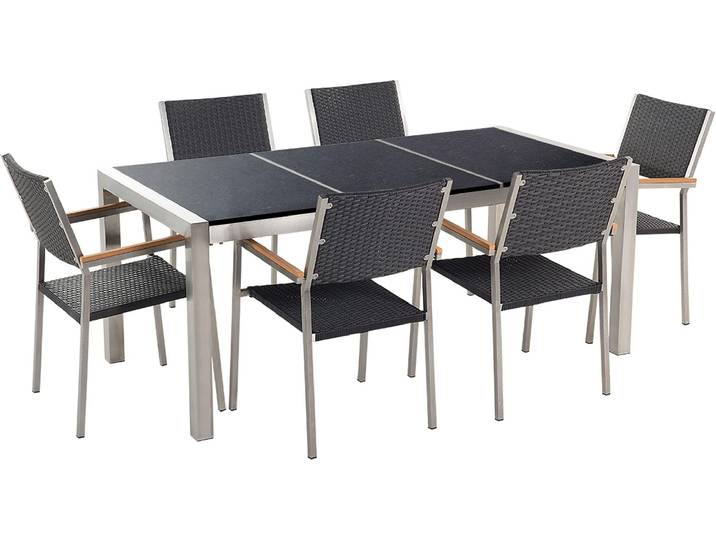 BELIANI Gartenmöbel Set Schwarz Granit Edelstahl Tisch 180 cm Poliert 6 Rattanstühle Terrasse Outdoor Modern