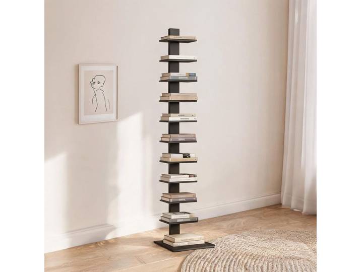 Bibliothèque verticale 11 étagères en panneaux de particules et acier finition noire mate rangement compact pour bureau ou salon
