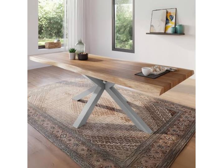 trelevo Esszimmertisch 280x100 cm naturfarben Spider-Gestell Baumkante Akazienholz massiv, Tischplatte, Silber, Baumkantentisch