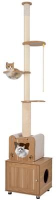 Costway 101 Inch Floor to Ceiling Cat Tree Height Adjustable with Litter Box Enclosure-Brown