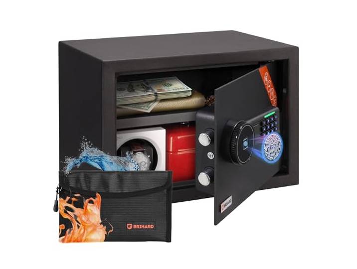 Brihard Family Bio Safe Tresor 25x35x25cm für Zuhause mit Fingerabdruck Sensor inkl. feuerfeste Dokumententasche mit verstellbarer Regalboden, Tresor 20L für A4 Dokumente, als Geldversteck & Mehr