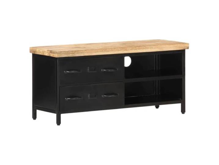 LKJephalotrope TV-Schrank Mangoholz Massiv Lowboard 90x30x41 cm Industrieller TV-Tisch fürs Wohnzimmer aus rauem Mangoholz und Stahl mit 2 Schubladen sowie 2 offenen Fächern.
