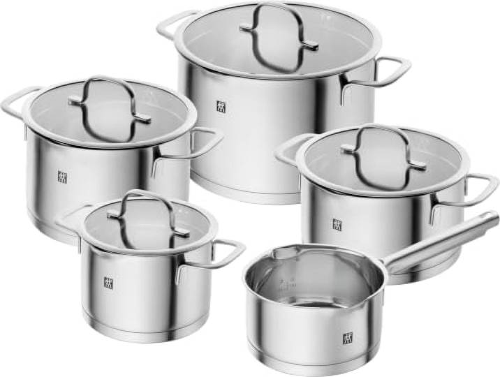 ZWILLING TrueFlow Batterie de Cuisine 5 Pièces\, Inox\, Induction Couvercles en verre avec passoire intégrée\, fonction verseuse