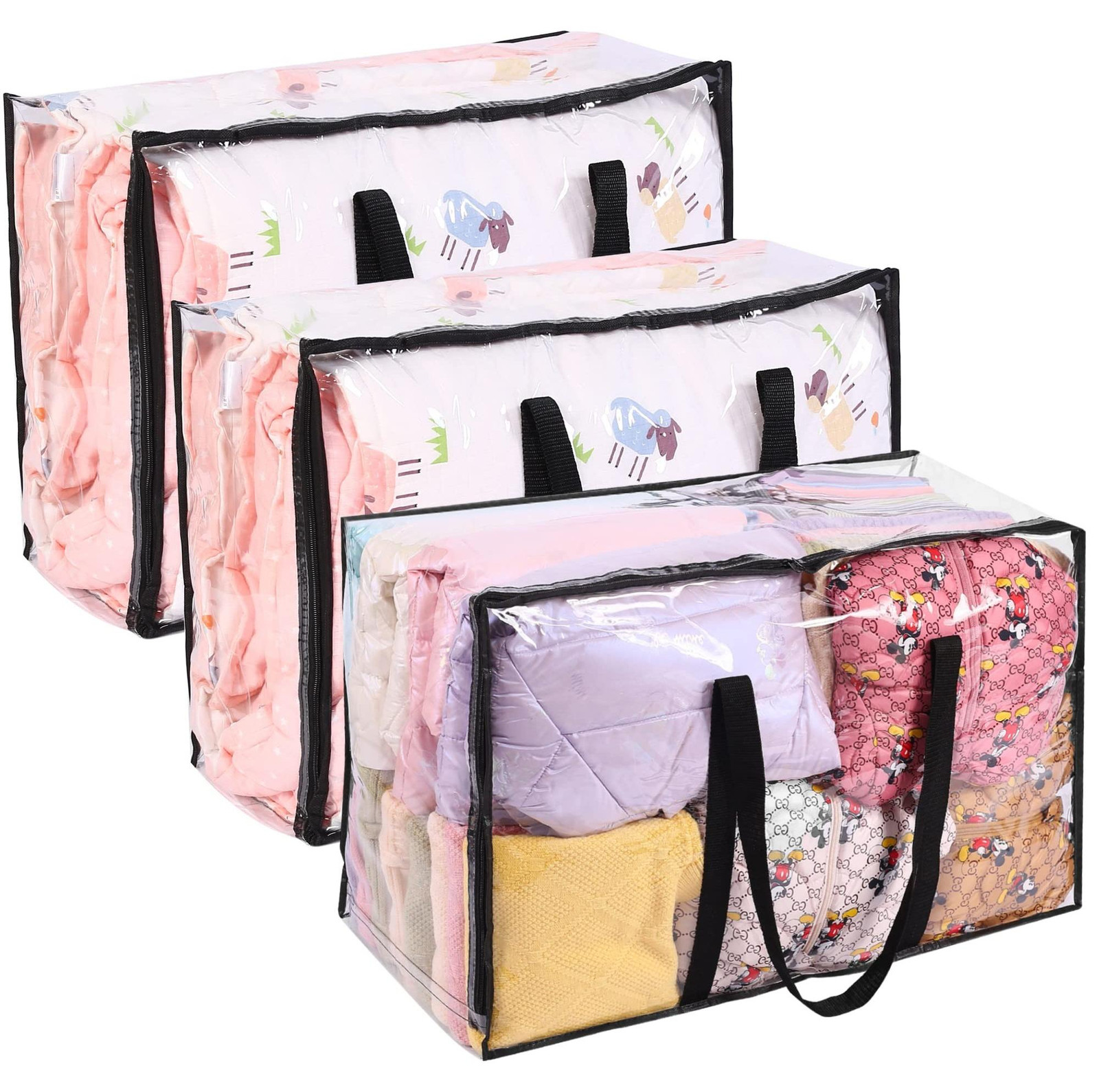 Set van 3 transparante opbergzakken met dubbele rits voor kleding
