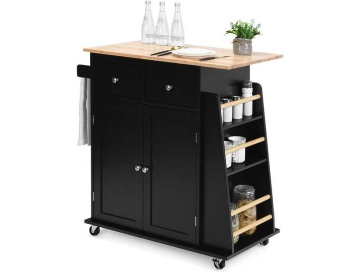 GOPLUS Desserte Îlot de Cuisine à Roulettes 88x45x89 5CM Chariot de Cuisine en Bois avec Placard 2 Étagères et 2 Tiroirs Noir