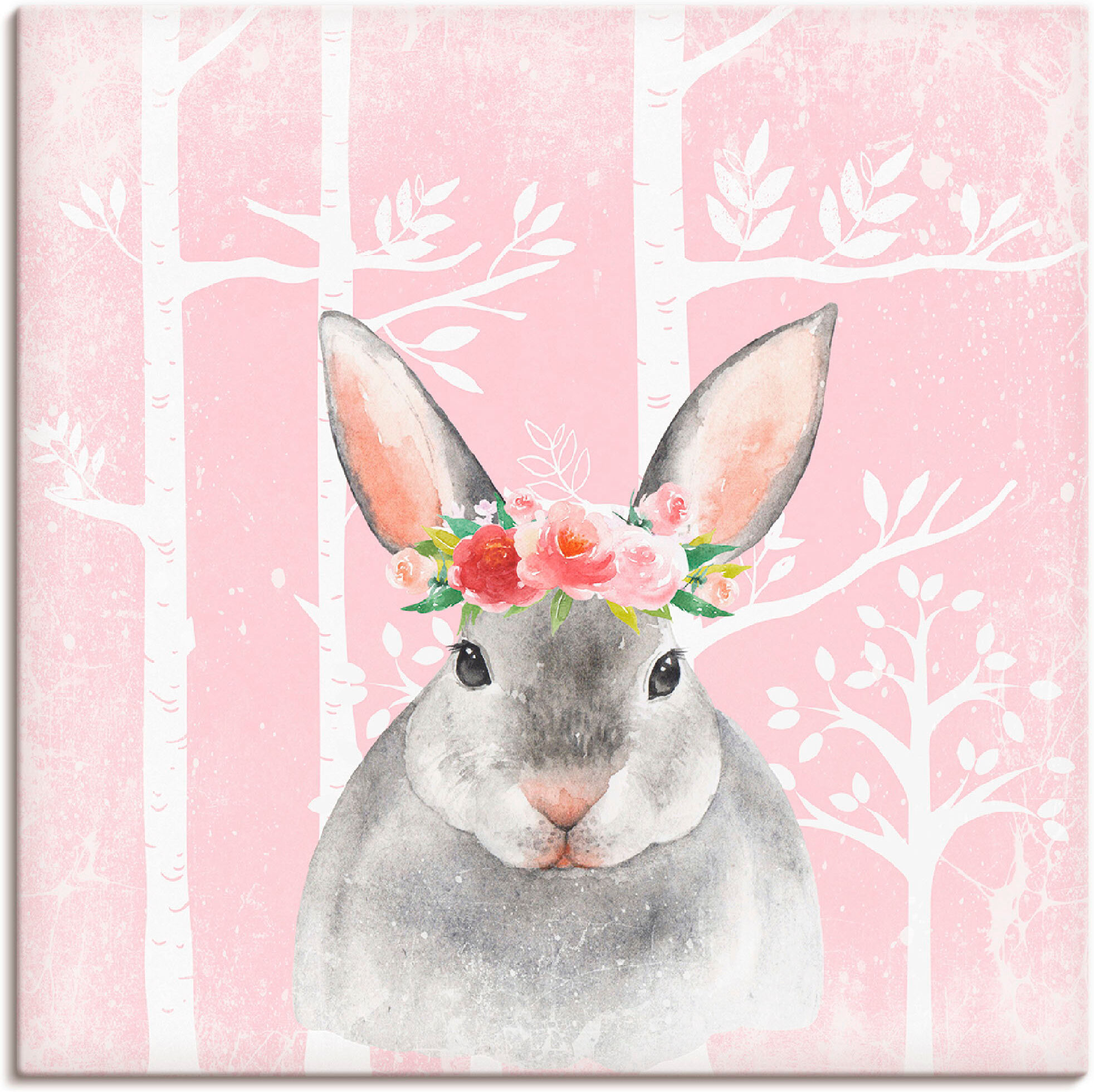 Leinwandbild ARTLAND "Hase mit Blumen im pink Wald", pink (farbe bild(er): pink), B:50cm H:50cm, Bilder, Leinwandbild, auf Holzrahmen gespannt farbe bild(er): pink B/H/T: 50cm x 50cm, Leinwandbild Tiere quadratisch, 1 Stk.