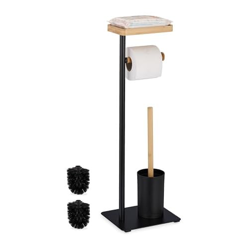 Relaxdays Toiletaccessoires set met toiletborstel en wc-rolhouder, zwart, bamboe en metaal