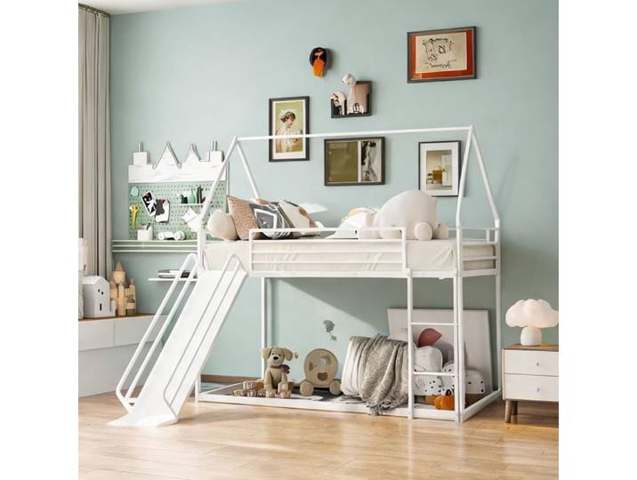 Lit superposé cabane avec toboggan 90x190 cm blanc-ton métal échelle sécurité enfant