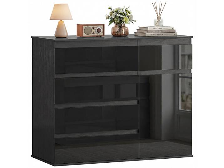 ComfortXL Sideboard De-09094 mit 5 Schubladen, Schwarz Hochglanz, 100x80x40 cm, Kleinmöbel, Kommoden, Sideboards