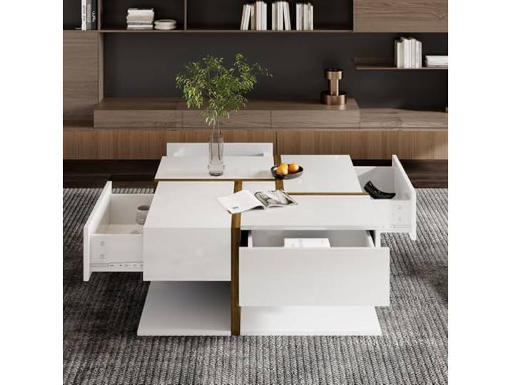 BTM Hochglanz-Couchtisch, Tisch mit 4 Schubladen, einzigartige Farbabstimmung und Liniendesign, Stauraum unten. 78x78x34,8cm