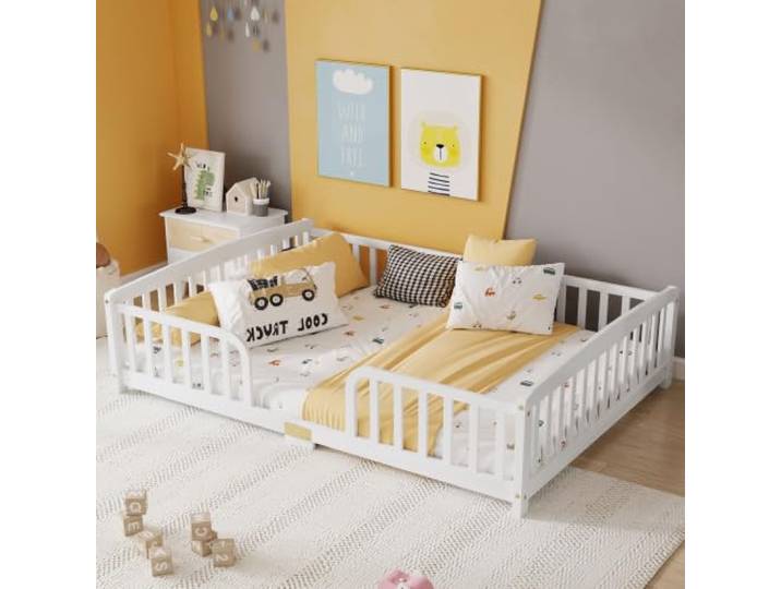 Bellemave Kinderbett Bodenbett 140x200 mit Rausfallschutz, Kiefer, Weiß Abgerundeter Rausfallschutz, zentraler Einstieg, ohne Lattenrost, belastbar 140 kg, als Floor Bed Montessori Bed