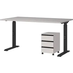 BÜROMÖBEL Set 2-teilig | Schreibtisch 140x80cm & Rollcontainer Greige/Schwarz | Einstellbar 68-91 cm & Soft-Close
