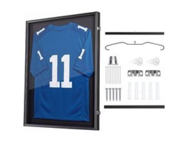 VEVOR Cadre Maillot Foot 70x90 cm Cadre Vitrine Maillot de Football Rugby Basket Hockey Baseball pour Salon, Bureau, en Bois Verrouillable, avec Panneau Polycarbonate Protection UV 98 %, Cintre, Noir