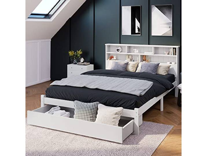 KUAKE Einzelbett mit Schrank, jugendbett mit Bücherregal & Unterbettschublade, weiß Bett mit Regalwand, Funktionsbett, Kinderbett, Jugendbett, Bettliege (140x200cm)