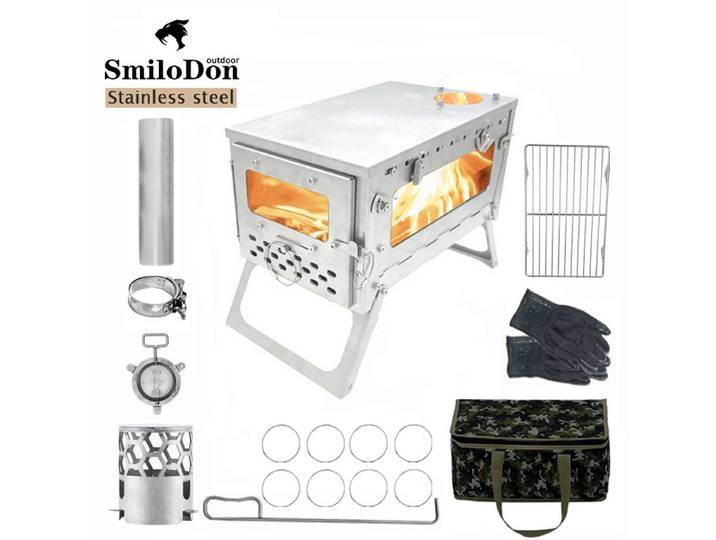 Smilodon-poêle à bois de chauffage pliant en acier inoxydable, poêle de tente de Camping Portable avec cheminée, brûleur à bois, four, brasero touristique