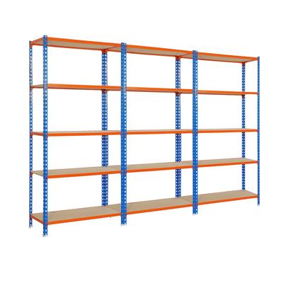 SimonRack Pack mit 3 Maderclick Metallregalen ohne Schrauben. 5 Ebene. Farbe blau/orange/Holz. 1800x900x400 mm
