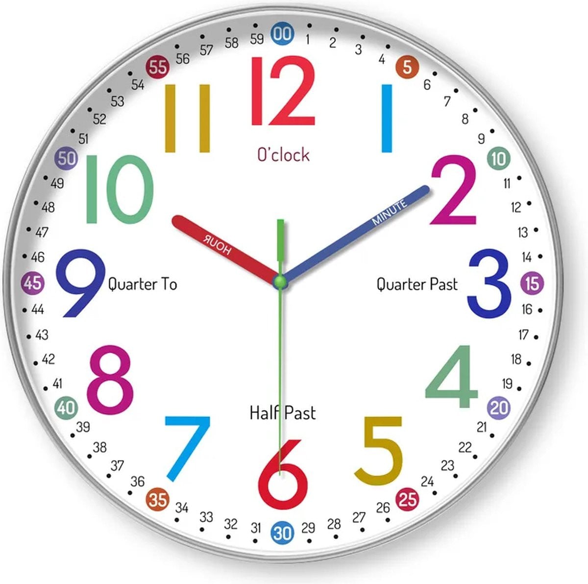 JustValue Analoge Wandklok voor Kinderen - Ø 30 cm - Educatieve Leerklok - Stil