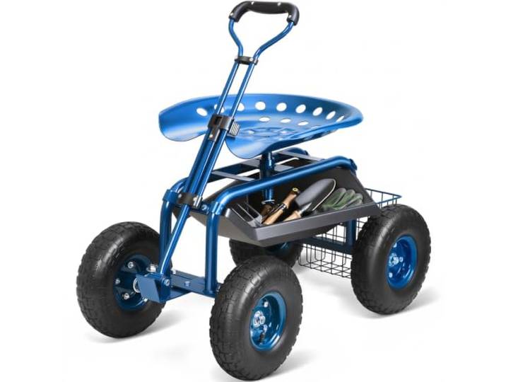 VEVOR Siège de Jardin Roulant Pivotant à 360° Tabouret de Jardinage sur Roues Gonflables 25\,4 cm Chariot avec Siège 760x450x960 mm Poignée Extensible Plateau à Outils pour Terrasse Cour Extérieur Bleu