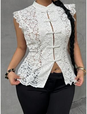 Lush Living Finds Elegant Lace Mandarin Collar Blouse For Women Sleeveless Vacation Top white 1xl