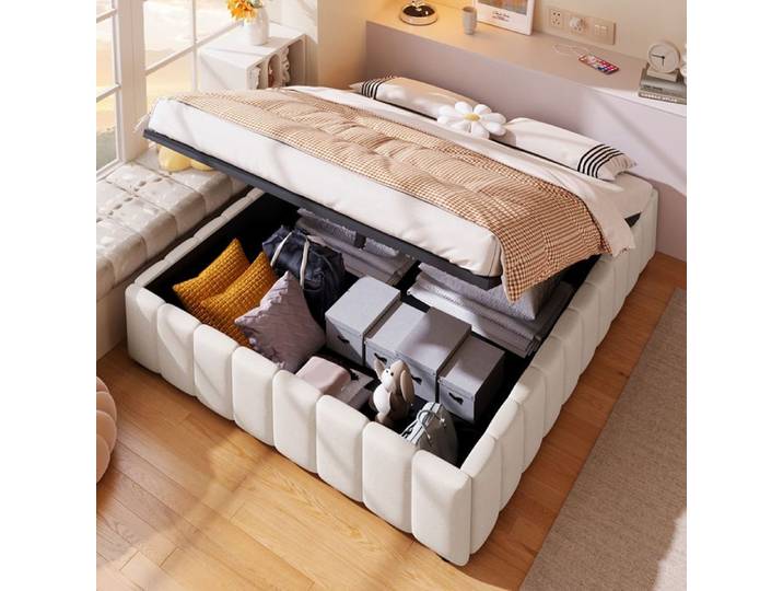Lit rembourré 140x200cm hydraulique beige sans tête de lit sans matelas