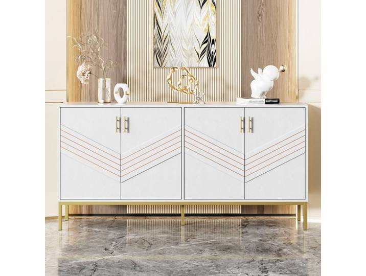 Maisentiel Buffet bas 4 portes blanc et bois MDF avec pieds métalliques 160 x 40 x 80 5 cm