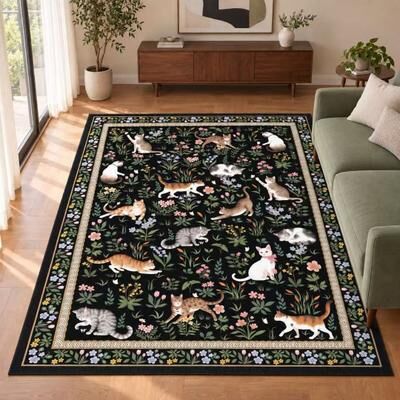 BLUEBELL Cute Cat Floral Runner Rug Non-Slip Washable Soft Low-Pile Carpet