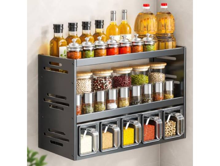 JS Space Gewürzregal Wand, Gewürz Organizer zur Wandmontage mit Behältern Mehrstöckiges Küchenregal für Ölflaschen, Gläser, Gewürze und Vorräte(black,3tier 5 squares)