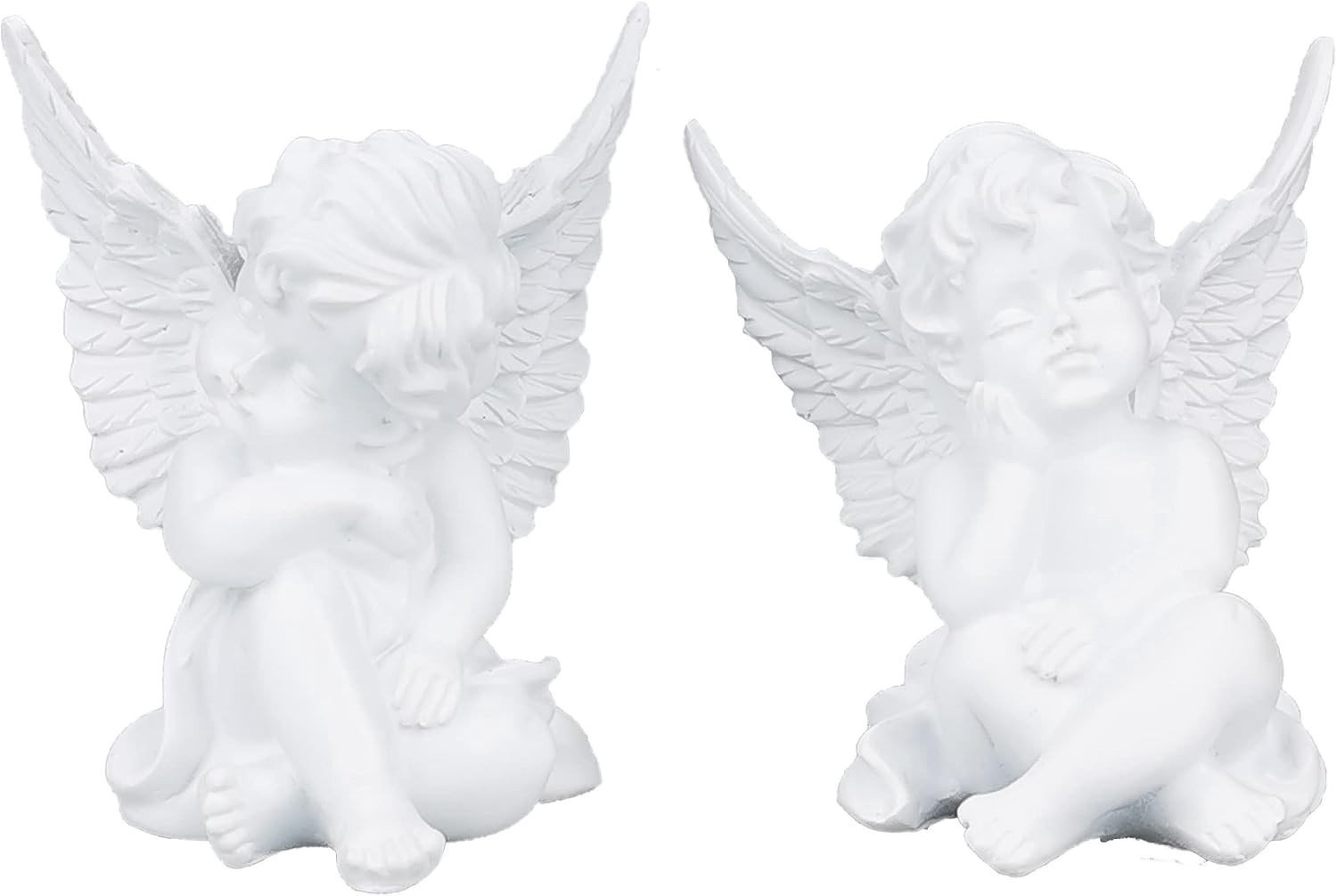 Set van 2 Decoratieve Engel Beeldjes - Beschermengel Zittend Dromend - Wit Hars