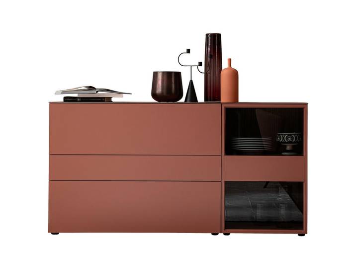 Schöner Wohnen Sideboard, Rot, Eichefarben, Holz, Glas, Holzwerkstoff, Eiche, furniert, 2 Fächer, 2 Schublade(n) Schubladen, 180x92.4x45 cm, Beimöbel erhältlich, in verschiedenen Holzdekoren erhältlich, Wohnzimmer, Wohnwand, Wohnwand- Serien