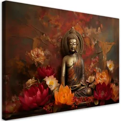 WANDBILD meditierender buddha und bunte blumen