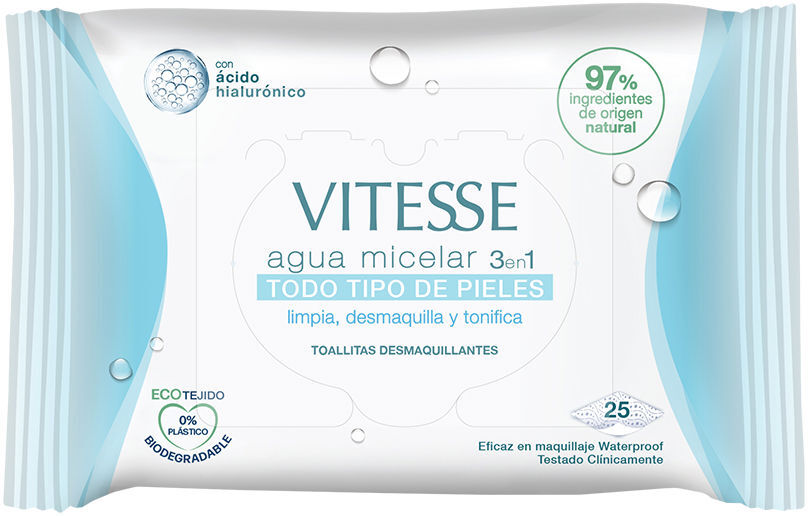 Vitesse Lingettes à l’eau micellaire 3 en 1 pour tous types de peau, 25 unités