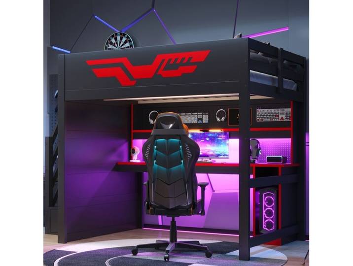 WUVRIE Lit mezzanine gaming 140 x 200 cm avec bureau escalier de rangement LED et USB noir et rouge
