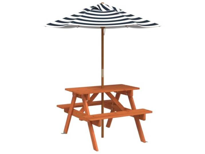 Roanoer Picknicktisch mit Sonnenschirm 4 Sitzer Massivholz Tanne Braun Kompakte Sitzgarnitur für Garten und Terrasse mit Schirmöffnung sowie zwei festen Bänken mit 200 kg Belastbarkeit.