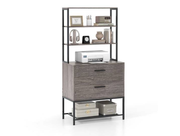 COSTWAY Bibliothèque avec 3 Étagères Ouvertes et Grand Tiroir Dossiers de Taille Lettre A4 et Légale pour Bureau Salon Gris