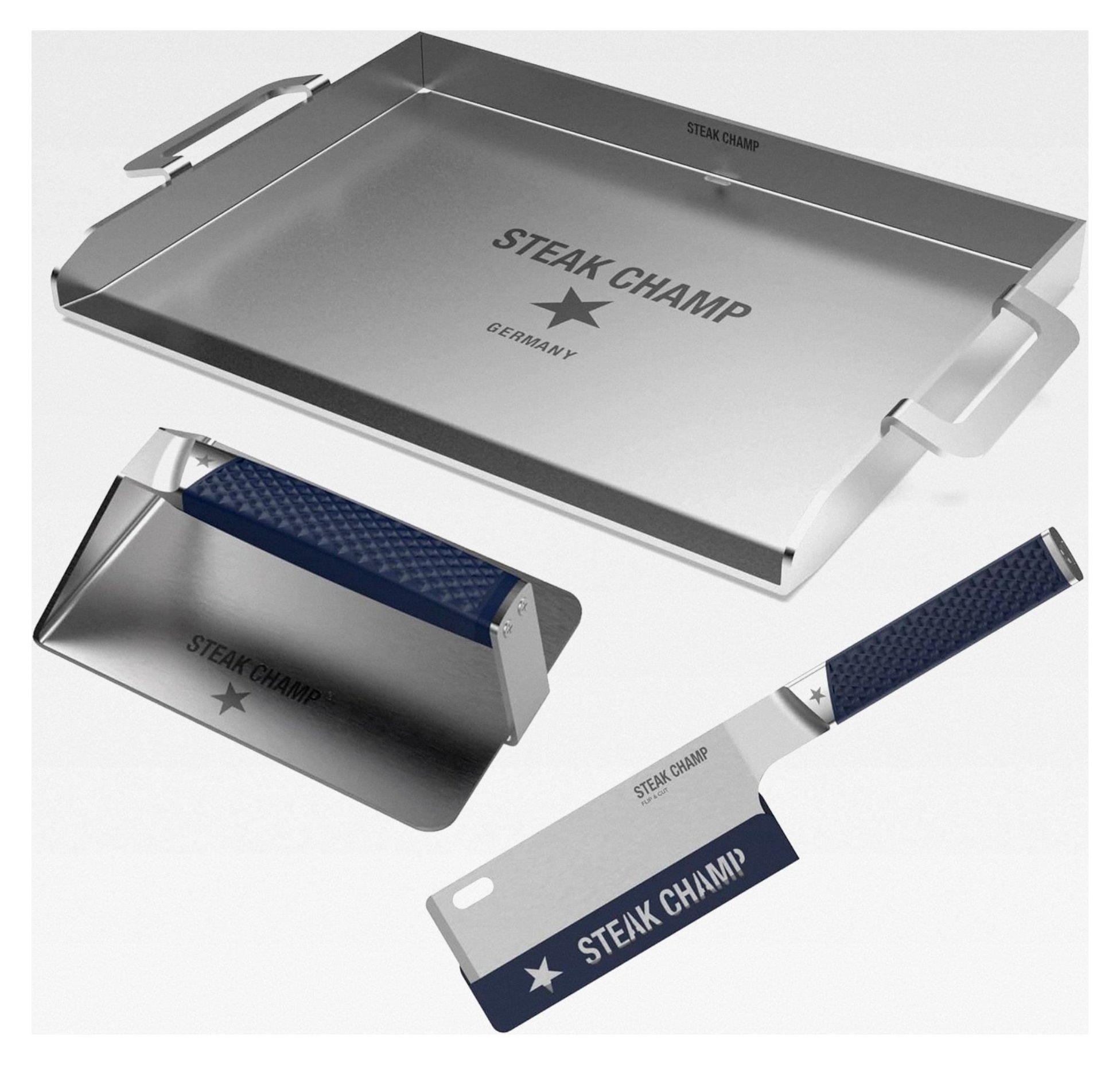 Grill- und BBQ-Set von Steak Champ: Grill Plancha, Burger- und Steakpresse sowie Flip- und Cut-Spatel - Hochwertige Grillwerkzeuge für optimale Ergebnisse