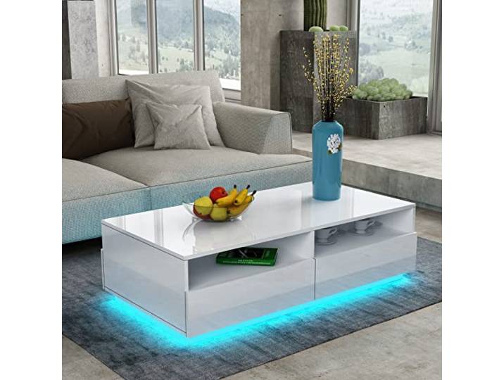 Couchtisch für Wohnzimmer, LED Beistelltisch Moderner Holztisch für Zuhause Weißer Glanz Kaffeetisch, 4 Schubladen Lagerung
