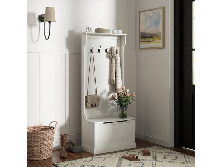 HOMCOM Porte-Manteau Banc Rangement Chaussures Moderne Blanc