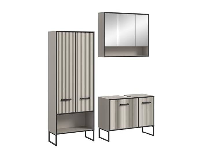 xonox.home Badezimmer Bagno 3tlg. Kombination Badmöbel Set kleine Bäder Komplettprogramm Bademöbel-Set in Kaschmir beige Nb. Absetzung schwarz Nb.