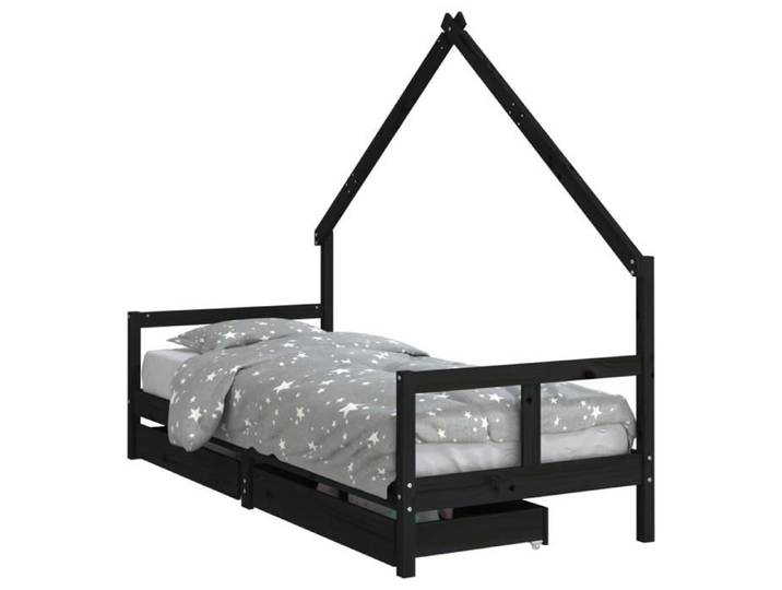 SALE 2026 Lit Jeune tout-petit Noir - Structure de lit pour Fille/Garçon - Cadre de lit enfant tiroirs noir 80x200cm bois de pin ma