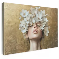 LEINWANDBILD Gesicht - Blumen - Gold - Abstrakt Deko Schlafzimmer 30x20 cm