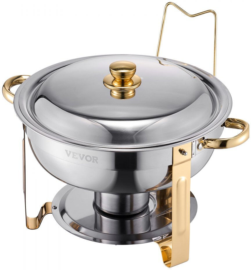 VEVOR 5 Qt Round Chafing Dish Buffet Set Fullsize Pan Stainless Steel Gold 29cm H X 34cm D